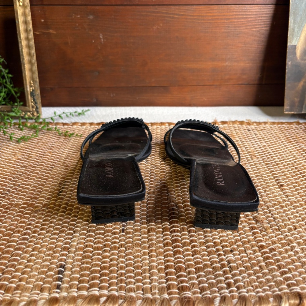 Vintage Ramon Tenza Black Square Toe Satin & Leather Rhinestone Slides Size 7.5B - Picture 4 of 11